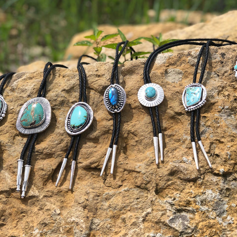 Beautiful "Bolo Ties" in the style of the American Southwest. These Bolos look stunning on both men and women. High quality, handmade, sterling silver combined with genuine turquoise, spiny oyster, labradorite and other stones.
