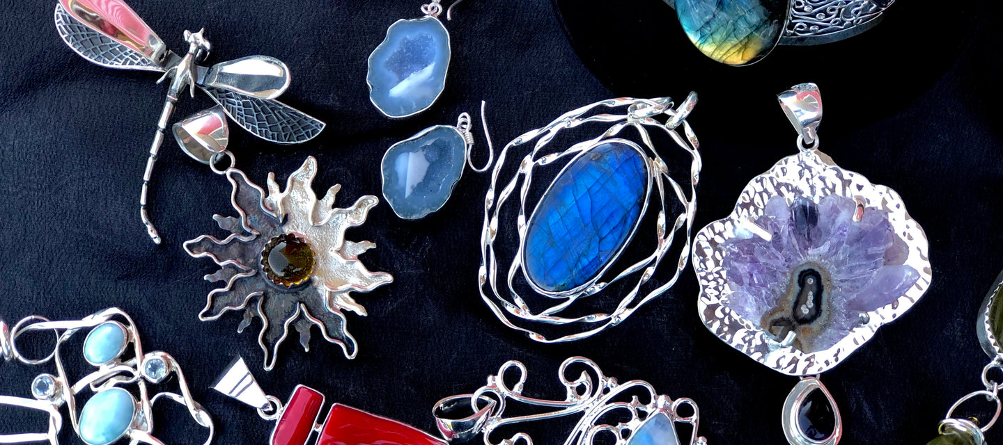 Handmade sterling silver jewelry of beach glass, sea glass, labradorite, larimar, coral, moonstone, shells, amethyst, amber