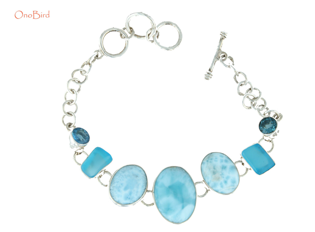 Bracelets - Larimar/Sea Glass/Lab-Blue Topaz Linked Bracelet