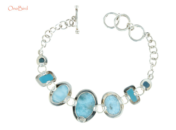 Bracelets - Larimar/Sea Glass/Lab-Blue Topaz Linked Bracelet