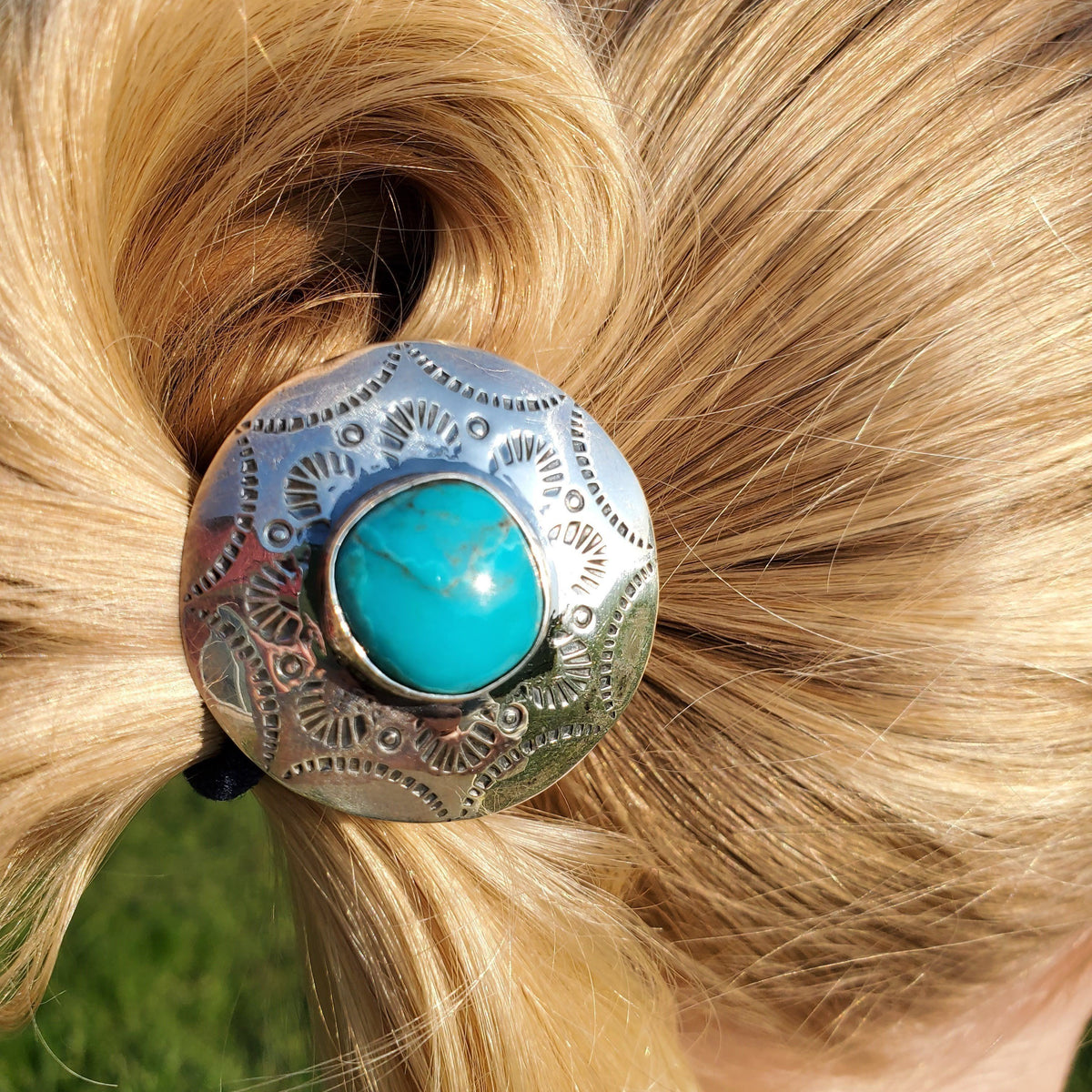 Metal Ponytail Holder with Turquoise Crackle Stone Item #942H-1- Navajo Turquoise Stamped Symbols Sterling  main image 4